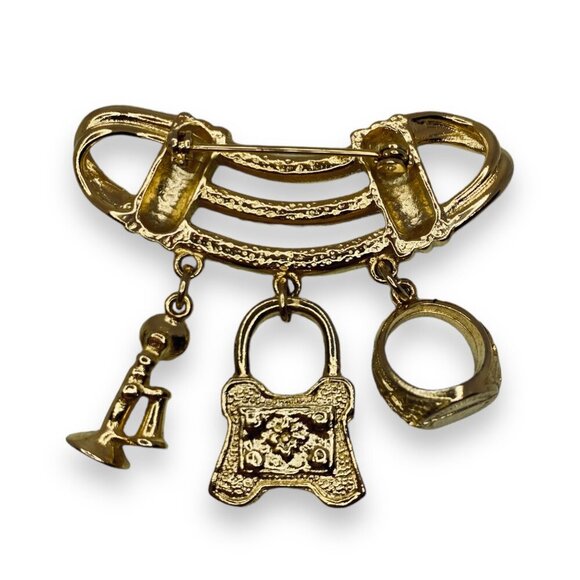 Gold Tone Charm Dangle Brooch w. Ring, Bag, & Telephone Charms - Picture 3 of 4
